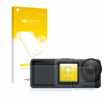 Parte frontal de un envase de producto con el logotipo de la marca upscreen. Al lado se muestra el dispositivo DJI Osmo Action