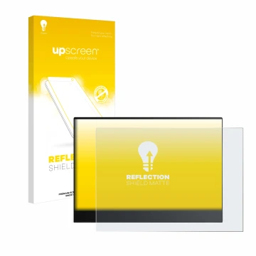 Parte frontal de un envase de producto con el logotipo de la marca upscreen. Al lado se muestra el dispositivo Lenovo ThinkVis