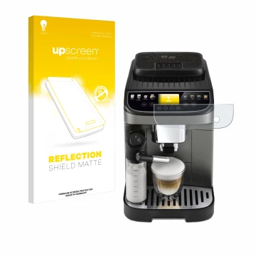 Parte frontal de un envase de producto con el logotipo de la marca upscreen. Al lado se muestra el dispositivo DeLonghi Magnif
