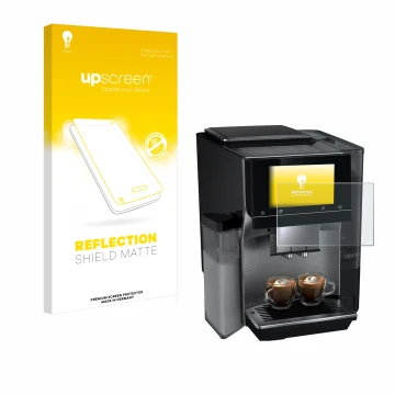 Parte frontal de un envase de producto con el logotipo de la marca upscreen. Al lado se muestra el dispositivo Siemens EQ700 c