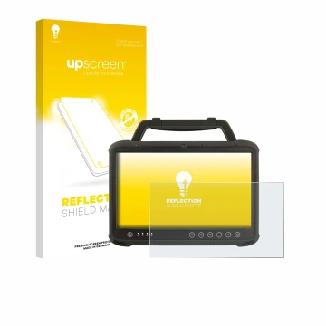 Parte frontal de un envase de producto con el logotipo de la marca upscreen. Al lado se muestra el dispositivo Winmate M133WK 