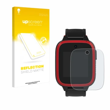 Parte frontal de un envase de producto con el logotipo de la marca upscreen. Al lado se muestra el dispositivo Xplora Let's Go