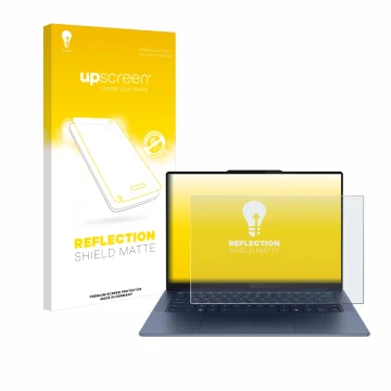 Parte frontal de un envase de producto con el logotipo de la marca upscreen. Al lado se muestra el dispositivo Lenovo Yoga Sli