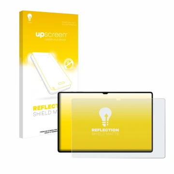 Parte frontal de un envase de producto con el logotipo de la marca upscreen. Al lado se muestra el dispositivo Samsung Galaxy 