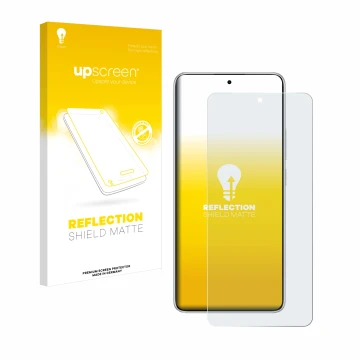 Parte frontal de un envase de producto con el logotipo de la marca upscreen. Al lado se muestra el dispositivo Xiaomi Redmi No