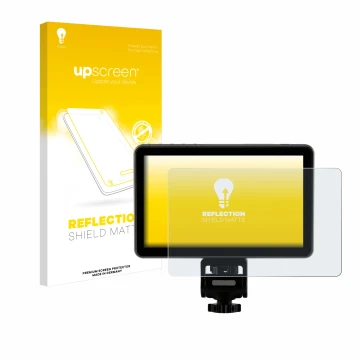 Parte frontal de un envase de producto con el logotipo de la marca upscreen. Al lado se muestra el dispositivo Rollei Viltrox 