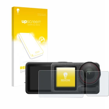 Parte frontal de un envase de producto con el logotipo de la marca upscreen. Al lado se muestra el dispositivo DJI Osmo Action