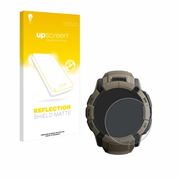 Parte frontal de un envase de producto con el logotipo de la marca upscreen. Al lado se muestra el dispositivo Garmin Instinct