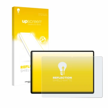 Parte frontal de un envase de producto con el logotipo de la marca upscreen. Al lado se muestra el dispositivo Huawei MatePad 