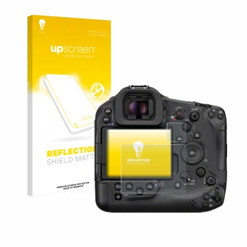 Parte frontal de un envase de producto con el logotipo de la marca upscreen. Al lado se muestra el dispositivo Canon EOS R1 co