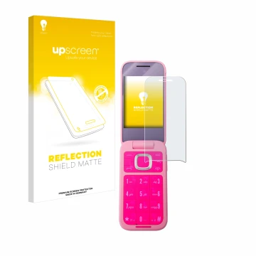Parte frontal de un envase de producto con el logotipo de la marca upscreen. Al lado se muestra el dispositivo HMD Barbie Phon