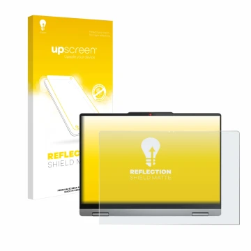 Parte frontal de un envase de producto con el logotipo de la marca upscreen. Al lado se muestra el dispositivo Lenovo IdeaPad 