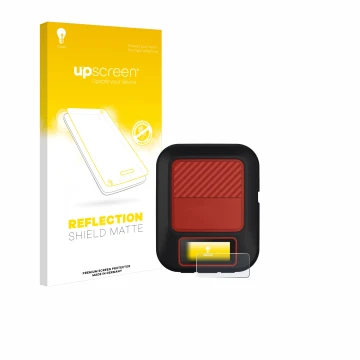 Parte frontal de un envase de producto con el logotipo de la marca upscreen. Al lado se muestra el dispositivo Garmin inReach 