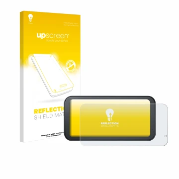 Parte frontal de un envase de producto con el logotipo de la marca upscreen. Al lado se muestra el dispositivo Lamto Motorrad 