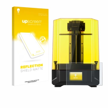 Parte frontal de un envase de producto con el logotipo de la marca upscreen. Al lado se muestra el dispositivo Anycubic Photon