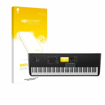 Parte frontal de un envase de producto con el logotipo de la marca upscreen. Al lado se muestra el dispositivo Yamaha MODX8+ c