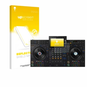 Parte frontal de un envase de producto con el logotipo de la marca upscreen. Al lado se muestra el dispositivo AlphaTheta XDJ-