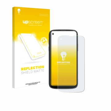 Parte frontal de un envase de producto con el logotipo de la marca upscreen. Al lado se muestra el dispositivo Unihertz Jelly 