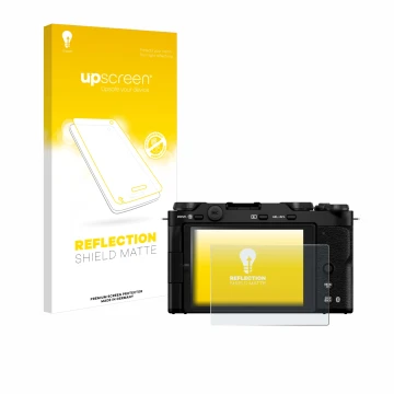 Parte frontal de un envase de producto con el logotipo de la marca upscreen. Al lado se muestra el dispositivo Fujifilm X-M5 c