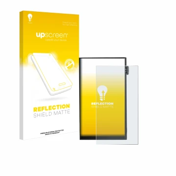 Parte frontal de un envase de producto con el logotipo de la marca upscreen. Al lado se muestra el dispositivo iBasso DX180 co