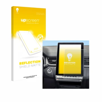Parte frontal de un envase de producto con el logotipo de la marca upscreen. Al lado se muestra el dispositivo Renault Symbioz