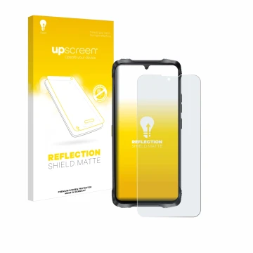 Parte frontal de un envase de producto con el logotipo de la marca upscreen. Al lado se muestra el dispositivo Cubot King Kong