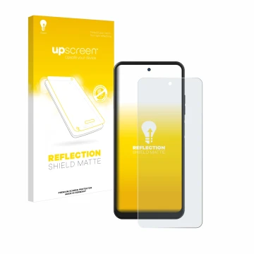 Parte frontal de un envase de producto con el logotipo de la marca upscreen. Al lado se muestra el dispositivo Hotwav Note 12 
