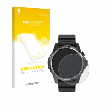 Parte frontal de un envase de producto con el logotipo de la marca upscreen. Al lado se muestra el dispositivo Mobvoi Ticwatch
