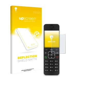 Parte frontal de un envase de producto con el logotipo de la marca upscreen. Al lado se muestra el dispositivo AVM Fritz!Fon C