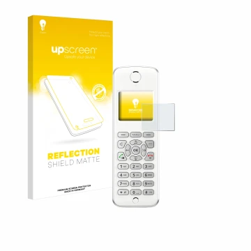 Parte frontal de un envase de producto con el logotipo de la marca upscreen. Al lado se muestra el dispositivo AVM Fritz!Fon M