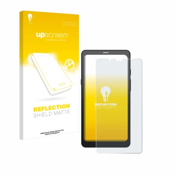 Parte frontal de un envase de producto con el logotipo de la marca upscreen. Al lado se muestra el dispositivo Boox Palma 2 co