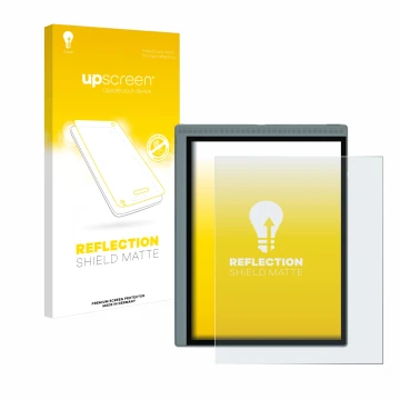 Parte frontal de un envase de producto con el logotipo de la marca upscreen. Al lado se muestra el dispositivo Bigme B1051C co