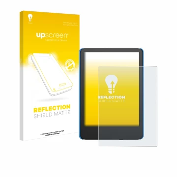 Parte frontal de un envase de producto con el logotipo de la marca upscreen. Al lado se muestra el dispositivo Amazon Kindle K