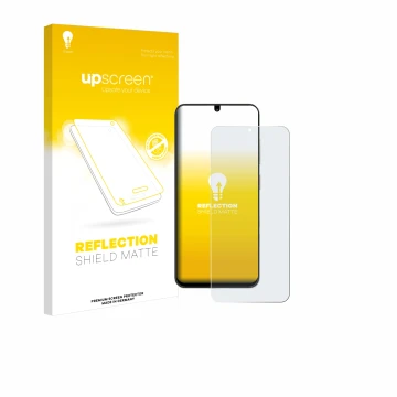 Parte frontal de un envase de producto con el logotipo de la marca upscreen. Al lado se muestra el dispositivo ZTE Blade A35 c