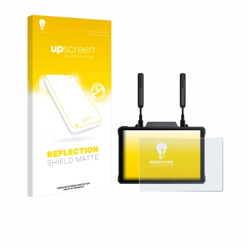 Parte frontal de un envase de producto con el logotipo de la marca upscreen. Al lado se muestra el dispositivo Hollyland Pyro 