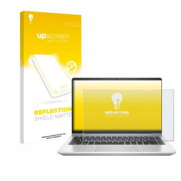 Parte frontal de un envase de producto con el logotipo de la marca upscreen. Al lado se muestra el dispositivo HP ProBook 445 