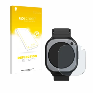 Parte frontal de un envase de producto con el logotipo de la marca upscreen. Al lado se muestra el dispositivo Xplora X6Pro co