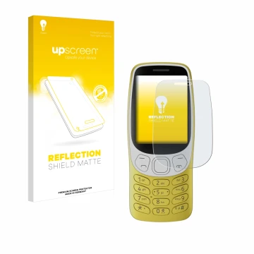 Parte frontal de un envase de producto con el logotipo de la marca upscreen. Al lado se muestra el dispositivo Nokia 3210 con 