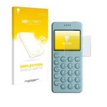 Parte frontal de un envase de producto con el logotipo de la marca upscreen. Al lado se muestra el dispositivo Punkt MP02 con 