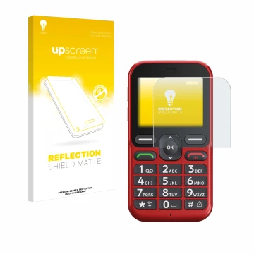 Parte frontal de un envase de producto con el logotipo de la marca upscreen. Al lado se muestra el dispositivo Doro Leva L10 c