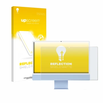 Parte frontal de un envase de producto con el logotipo de la marca upscreen. Al lado se muestra el dispositivo Apple iMac 24