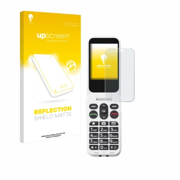 Parte frontal de un envase de producto con el logotipo de la marca upscreen. Al lado se muestra el dispositivo Doro Leva L30 c