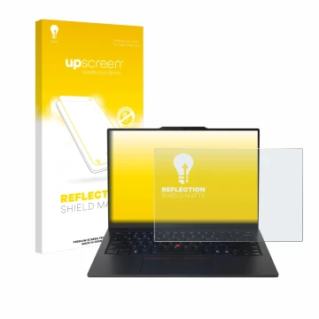 Parte frontal de un envase de producto con el logotipo de la marca upscreen. Al lado se muestra el dispositivo Lenovo ThinkPad