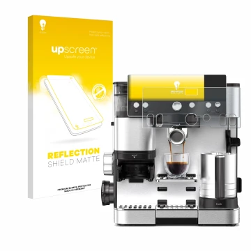 Parte frontal de un envase de producto con el logotipo de la marca upscreen. Al lado se muestra el dispositivo Ninja Luxe Cafe