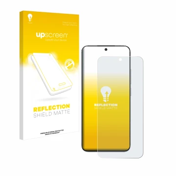 Parte frontal de un envase de producto con el logotipo de la marca upscreen. Al lado se muestra el dispositivo Xiaomi 15 con s