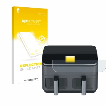 Parte frontal de un envase de producto con el logotipo de la marca upscreen. Al lado se muestra el dispositivo Cosori CAF-R9 c