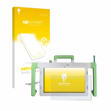 Parte frontal de un envase de producto con el logotipo de la marca upscreen. Al lado se muestra el dispositivo Telemarie Table
