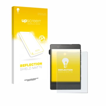 Parte frontal de un envase de producto con el logotipo de la marca upscreen. Al lado se muestra el dispositivo Light Phone 3 c
