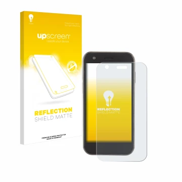 Parte frontal de un envase de producto con el logotipo de la marca upscreen. Al lado se muestra el dispositivo Soyes XS12 con 