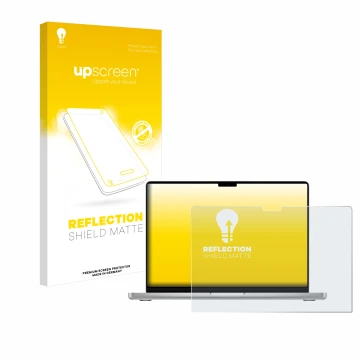 Parte frontal de un envase de producto con el logotipo de la marca upscreen. Al lado se muestra el dispositivo Apple MacBook P